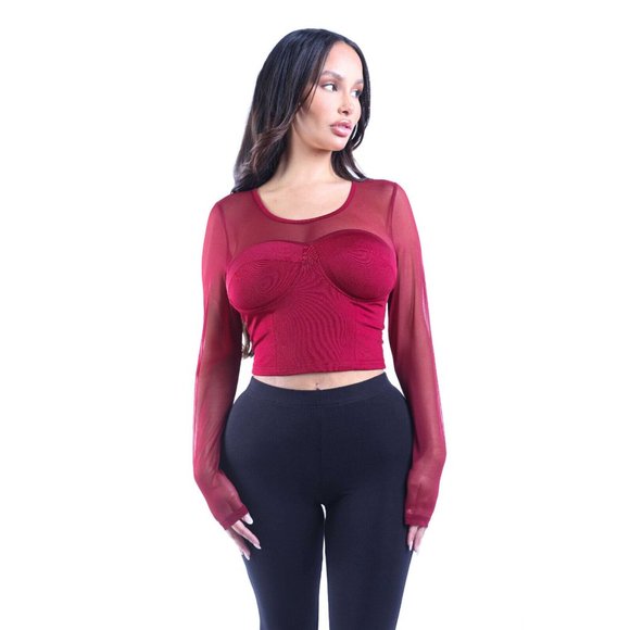 Women's Mesh Long Sleeve Blouse Top Scoop Neck Cropped Style Open Back Comfy - Picture 9 of 9